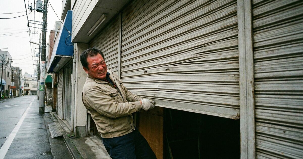 シャッターをあげようとしても開かずに困っている様子