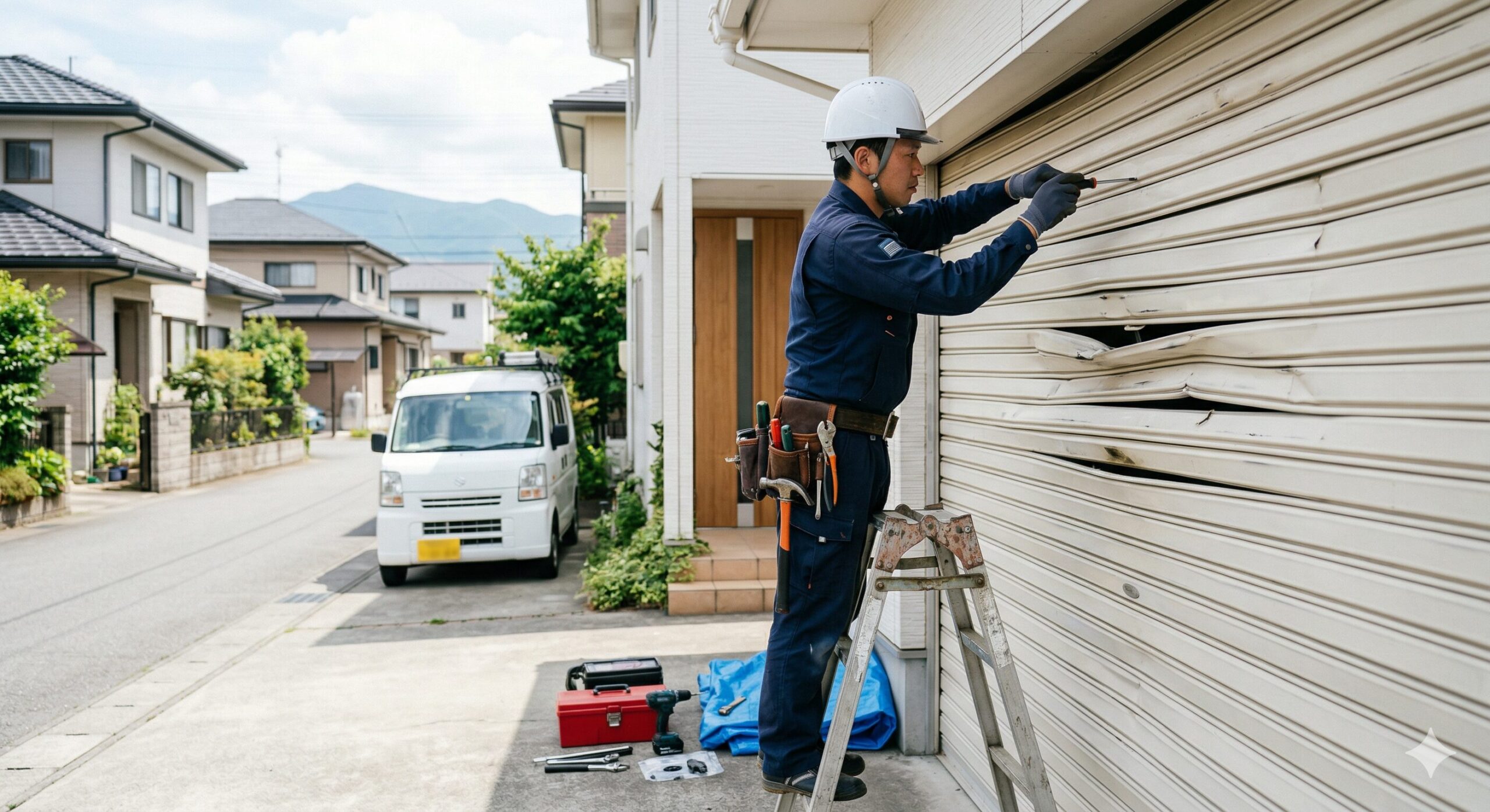 住宅街のシャッター修理をしている作業員