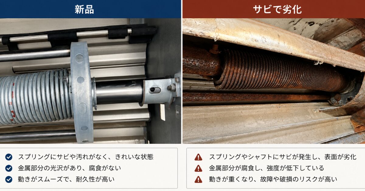 シャッターのスプリングが新品の状態とサビで劣化した状態を比較した図解