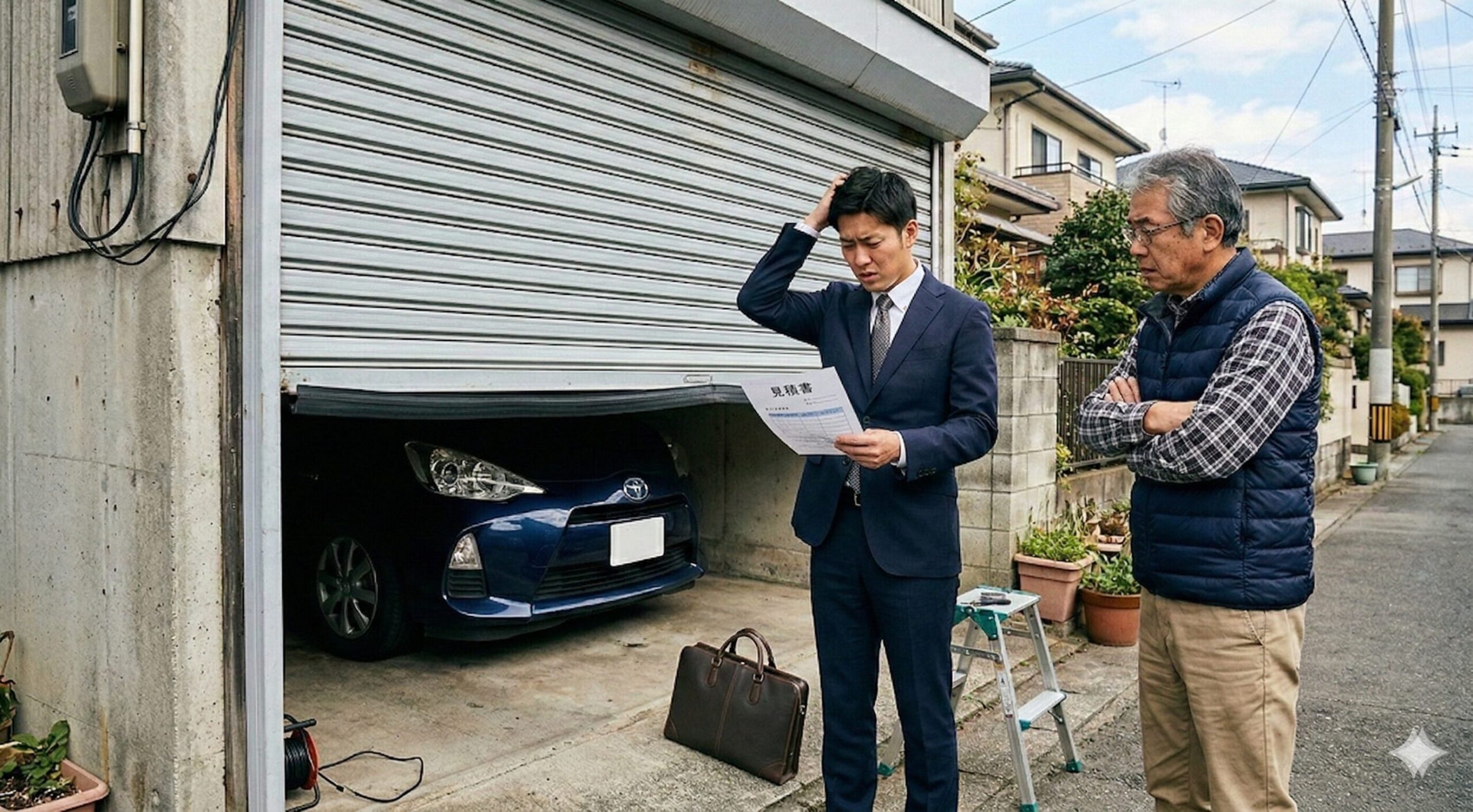 修理業者と相談している男性